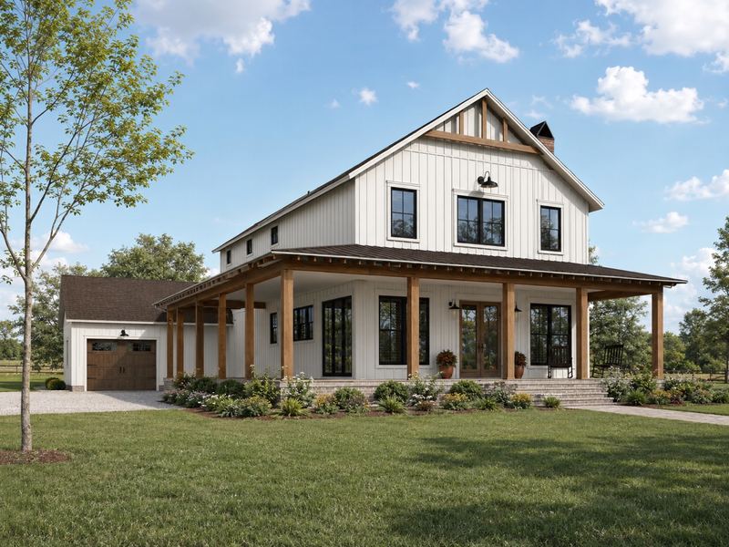 Design concept rendering, not a completed build: white two-story modern farmhouse with a wraparound porch